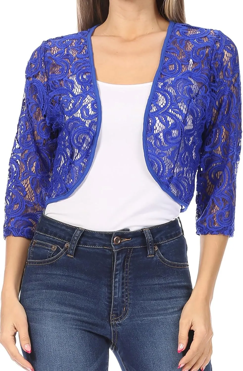 Women's Casual Lace Bolero Crochet Open Cardigan 3/4 Sleeve Sheer Cover Up Jacket