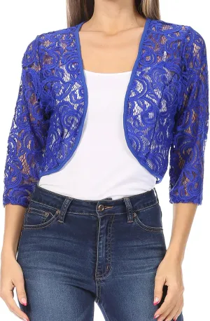 Women's Casual Lace Bolero Crochet Open Cardigan 3/4 Sleeve Sheer Cover Up Jacket