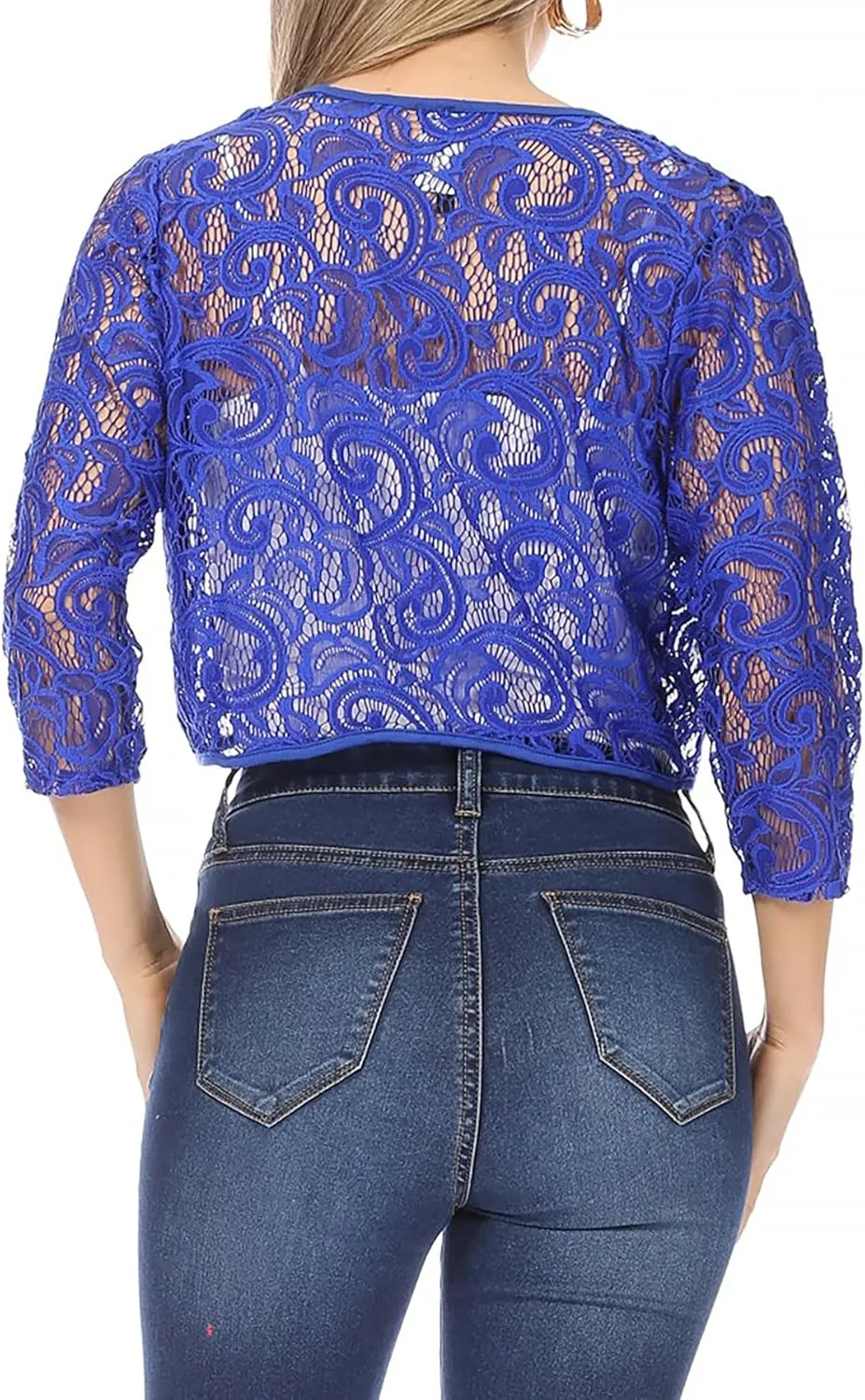 Women's Casual Lace Bolero Crochet Open Cardigan 3/4 Sleeve Sheer Cover Up Jacket