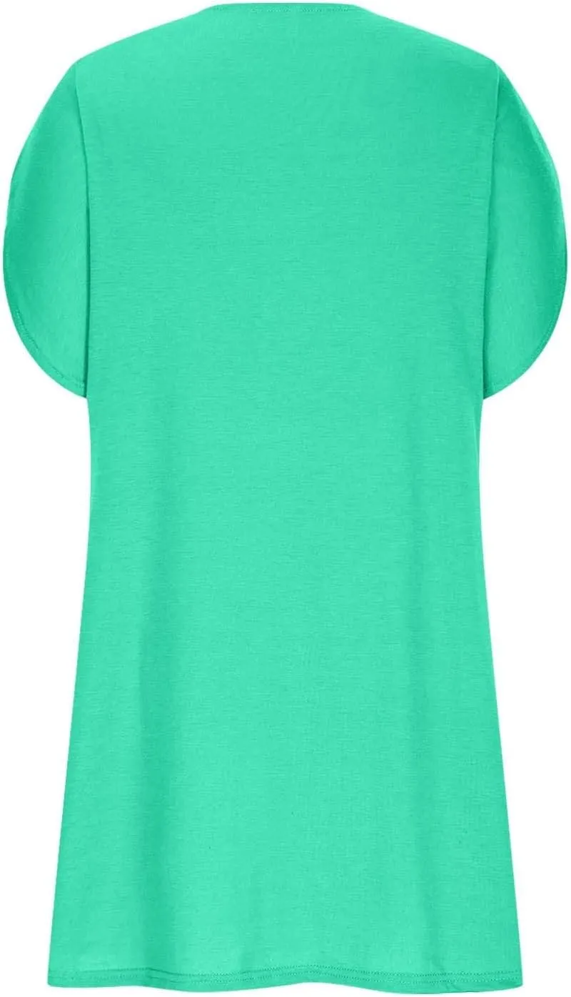 Womens Casual Midi Dress V Neck Short Sleeve Shirt Dress Solid Color Tunic Sundress Summer Beach Outfits Clothes