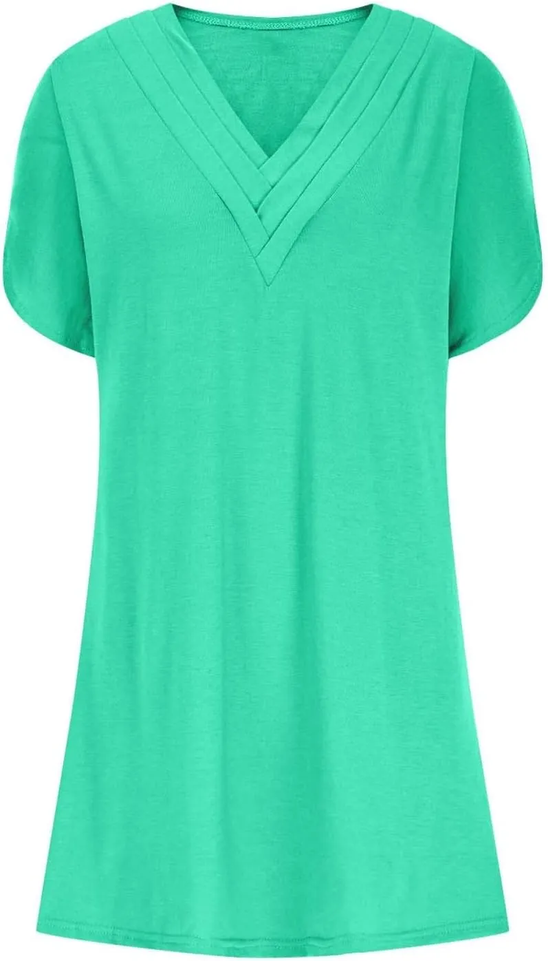Womens Casual Midi Dress V Neck Short Sleeve Shirt Dress Solid Color Tunic Sundress Summer Beach Outfits Clothes