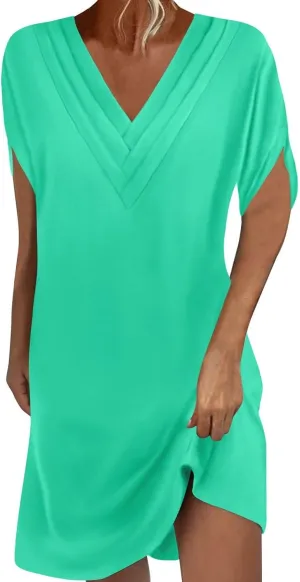 Womens Casual Midi Dress V Neck Short Sleeve Shirt Dress Solid Color Tunic Sundress Summer Beach Outfits Clothes