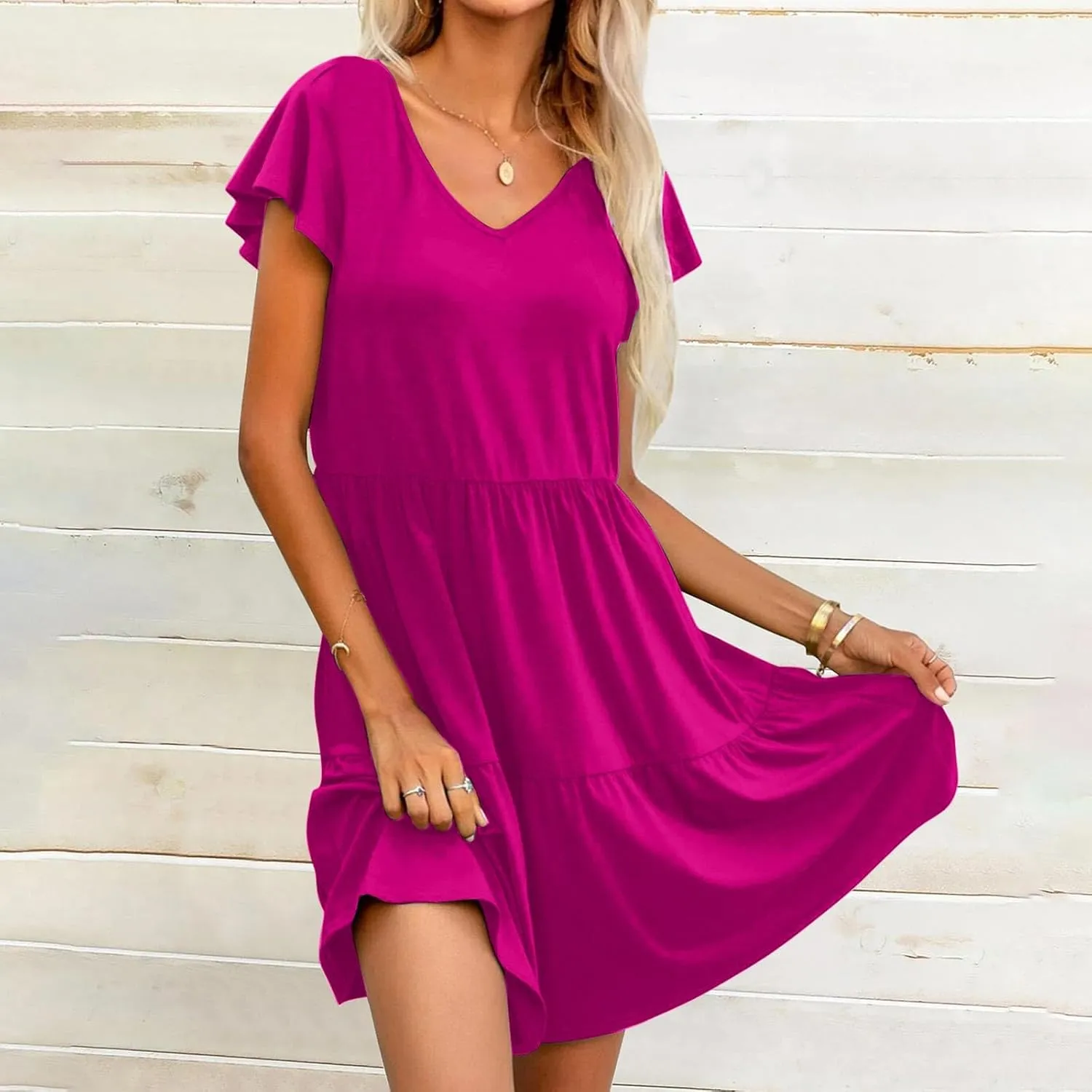 Women's Casual Tiered Dress Ruffle Cap Sleeve V Neck Mini Dresses Swing A-Line Summer Dress Bohemian Beach Dress