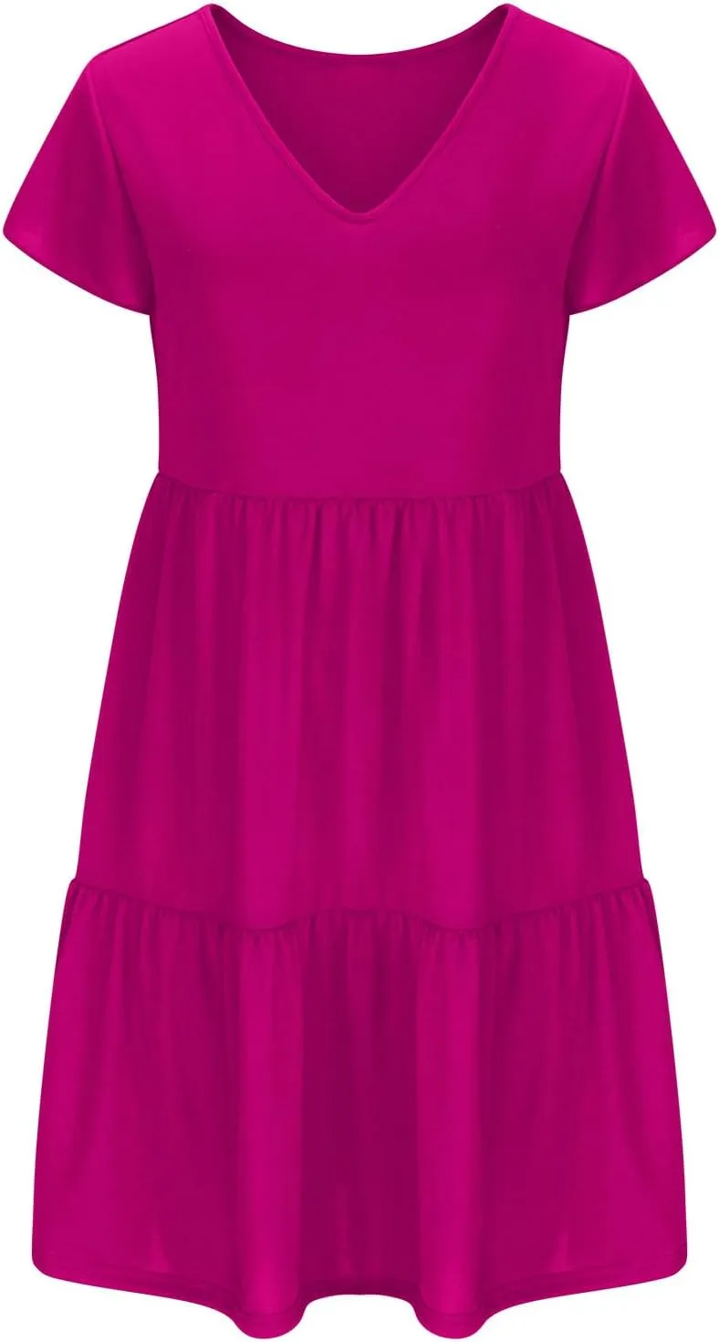Women's Casual Tiered Dress Ruffle Cap Sleeve V Neck Mini Dresses Swing A-Line Summer Dress Bohemian Beach Dress