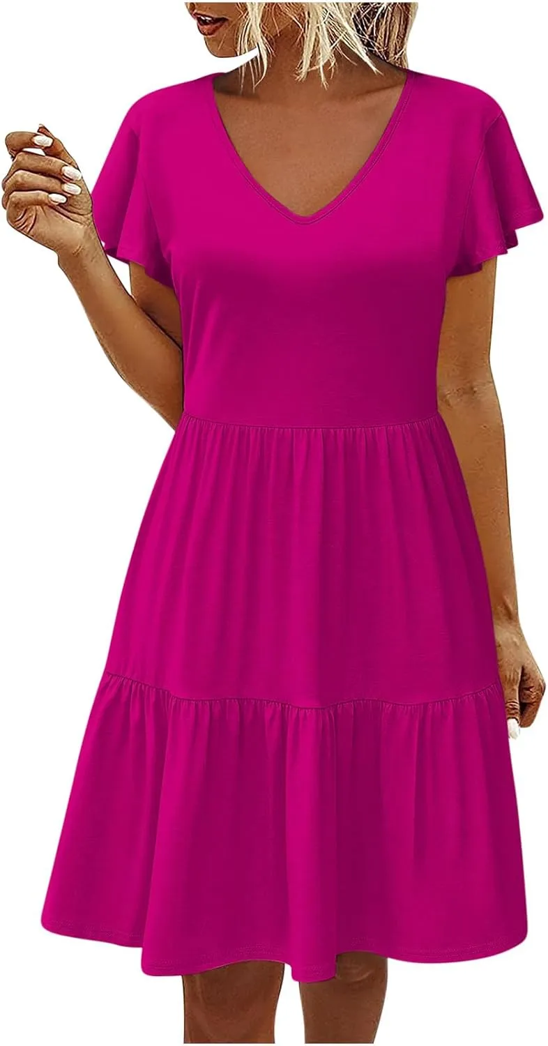 Women's Casual Tiered Dress Ruffle Cap Sleeve V Neck Mini Dresses Swing A-Line Summer Dress Bohemian Beach Dress