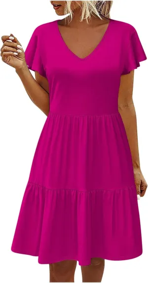 Women's Casual Tiered Dress Ruffle Cap Sleeve V Neck Mini Dresses Swing A-Line Summer Dress Bohemian Beach Dress