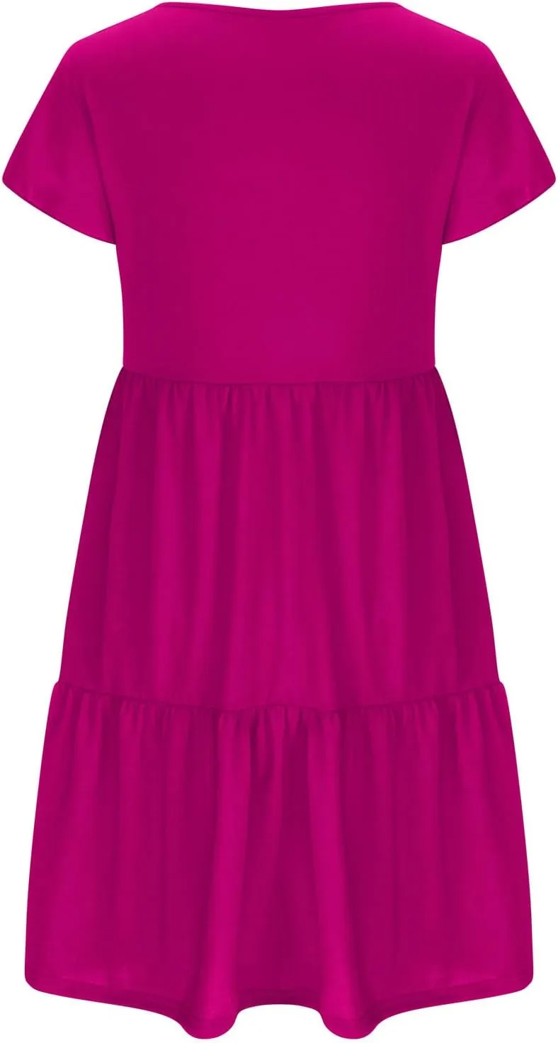 Women's Casual Tiered Dress Ruffle Cap Sleeve V Neck Mini Dresses Swing A-Line Summer Dress Bohemian Beach Dress