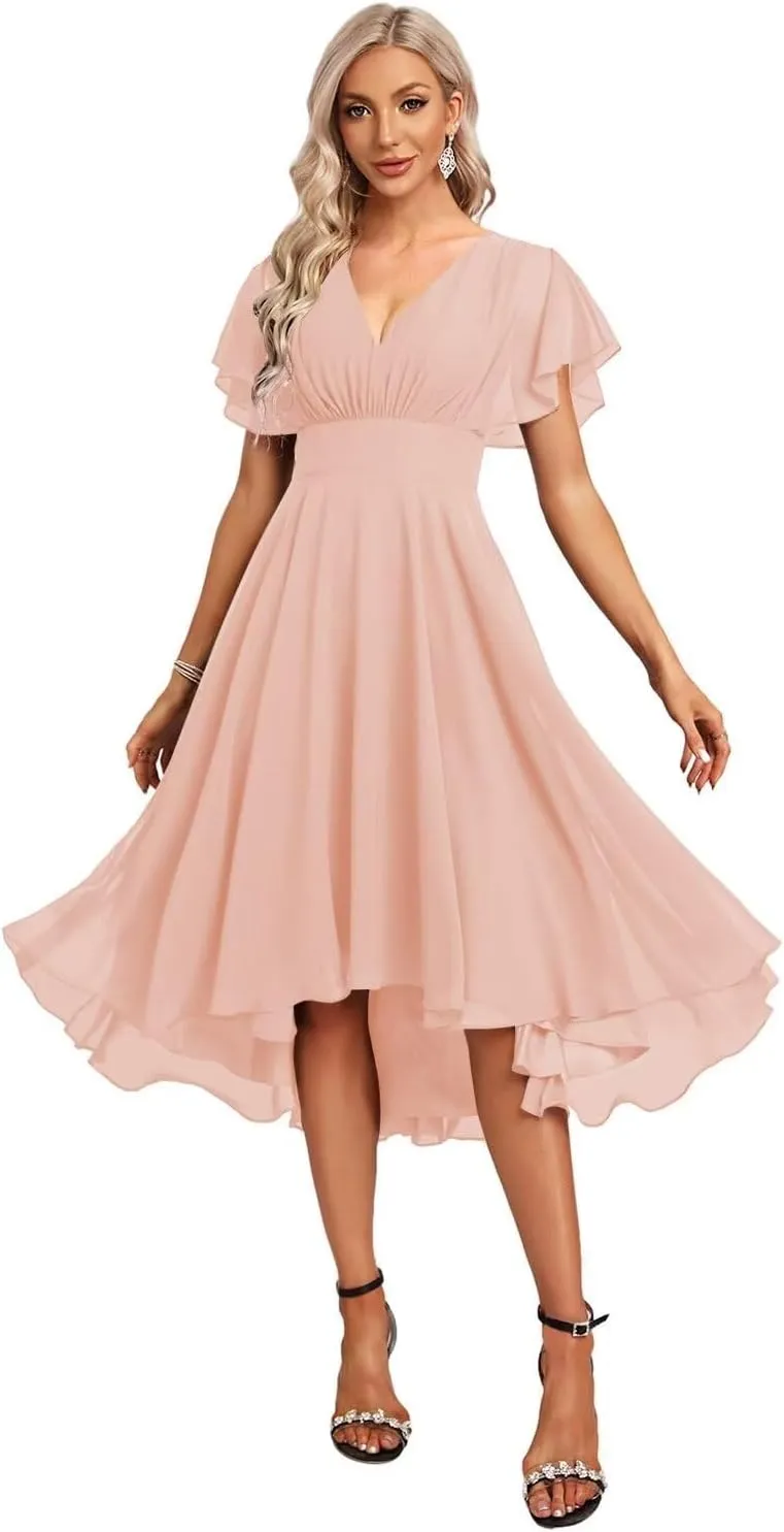 Women's Chiffon Bridesmaid Dresses Ruffle Sleeves V Neck Formal Dress Short Bridesmaid Dress