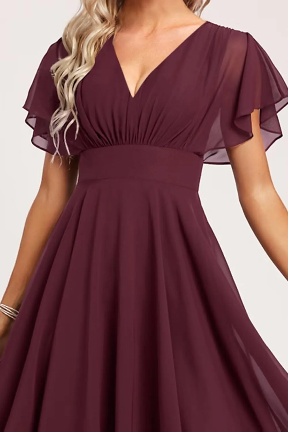 Women's Chiffon Bridesmaid Dresses Ruffle Sleeves V Neck Formal Dress Short Bridesmaid Dress