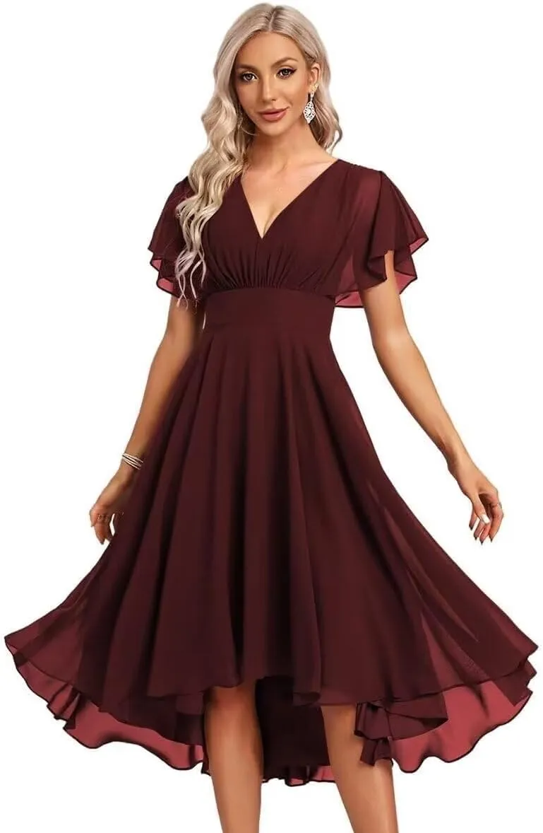 Women's Chiffon Bridesmaid Dresses Ruffle Sleeves V Neck Formal Dress Short Bridesmaid Dress