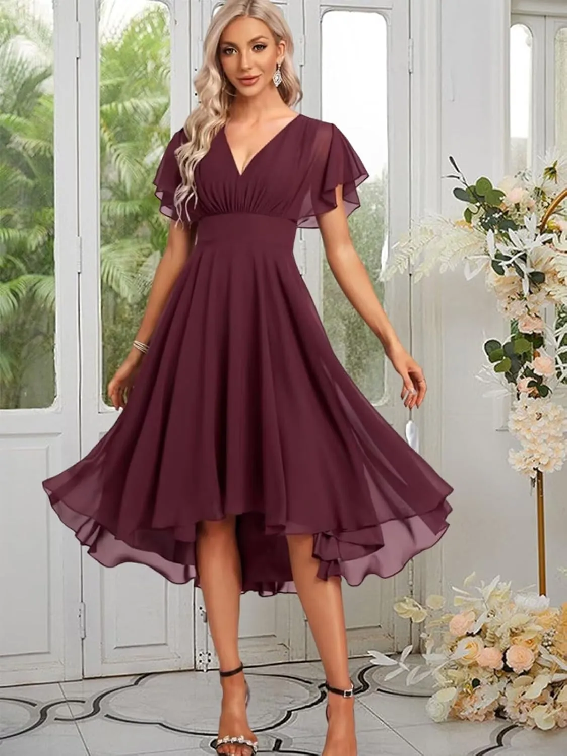Women's Chiffon Bridesmaid Dresses Ruffle Sleeves V Neck Formal Dress Short Bridesmaid Dress