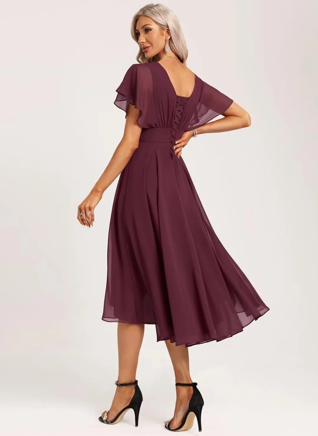 Women's Chiffon Bridesmaid Dresses Ruffle Sleeves V Neck Formal Dress Short Bridesmaid Dress