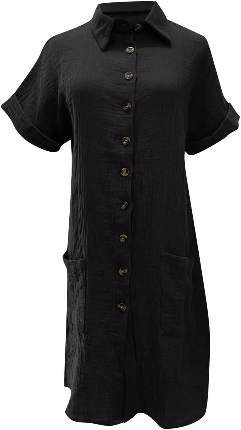 Womens Cotton Short Sleeve Shirt Dress Casual Loose Fit Button Down Mini Dress with Pockets Summer Beach Sundress