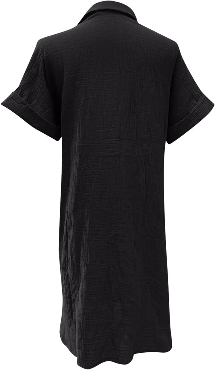 Womens Cotton Short Sleeve Shirt Dress Casual Loose Fit Button Down Mini Dress with Pockets Summer Beach Sundress