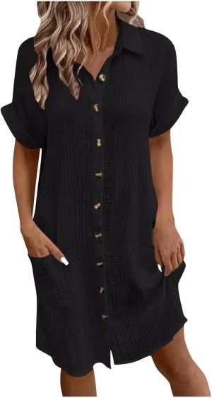 Womens Cotton Short Sleeve Shirt Dress Casual Loose Fit Button Down Mini Dress with Pockets Summer Beach Sundress