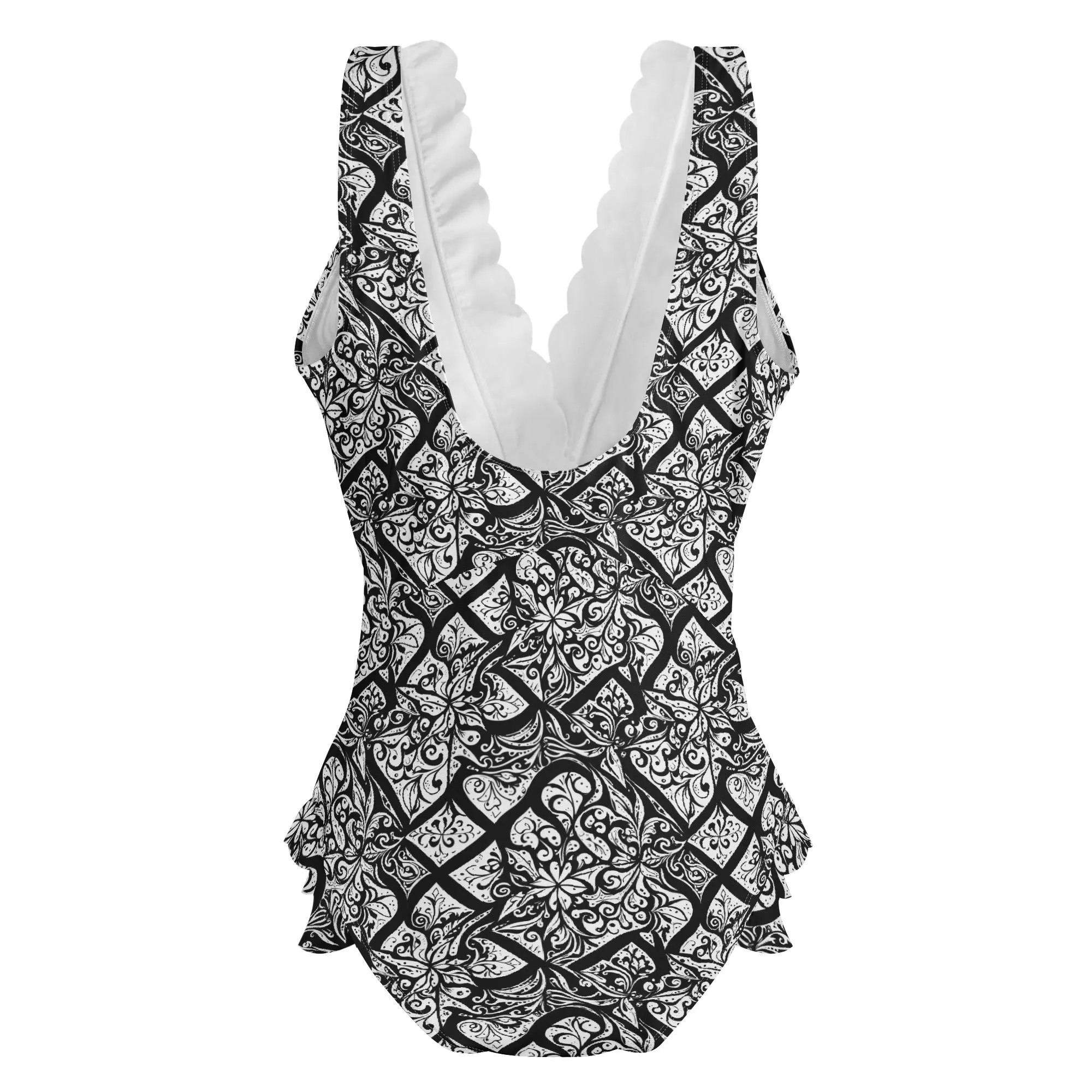 Womens Crosshatch Black Floral Ruffle Edge Cross-Front One Piece Swimsuit Bathing Suit