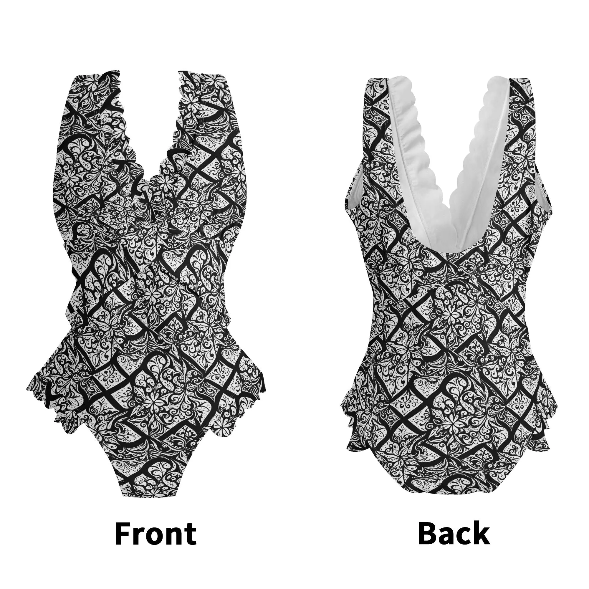 Womens Crosshatch Black Floral Ruffle Edge Cross-Front One Piece Swimsuit Bathing Suit