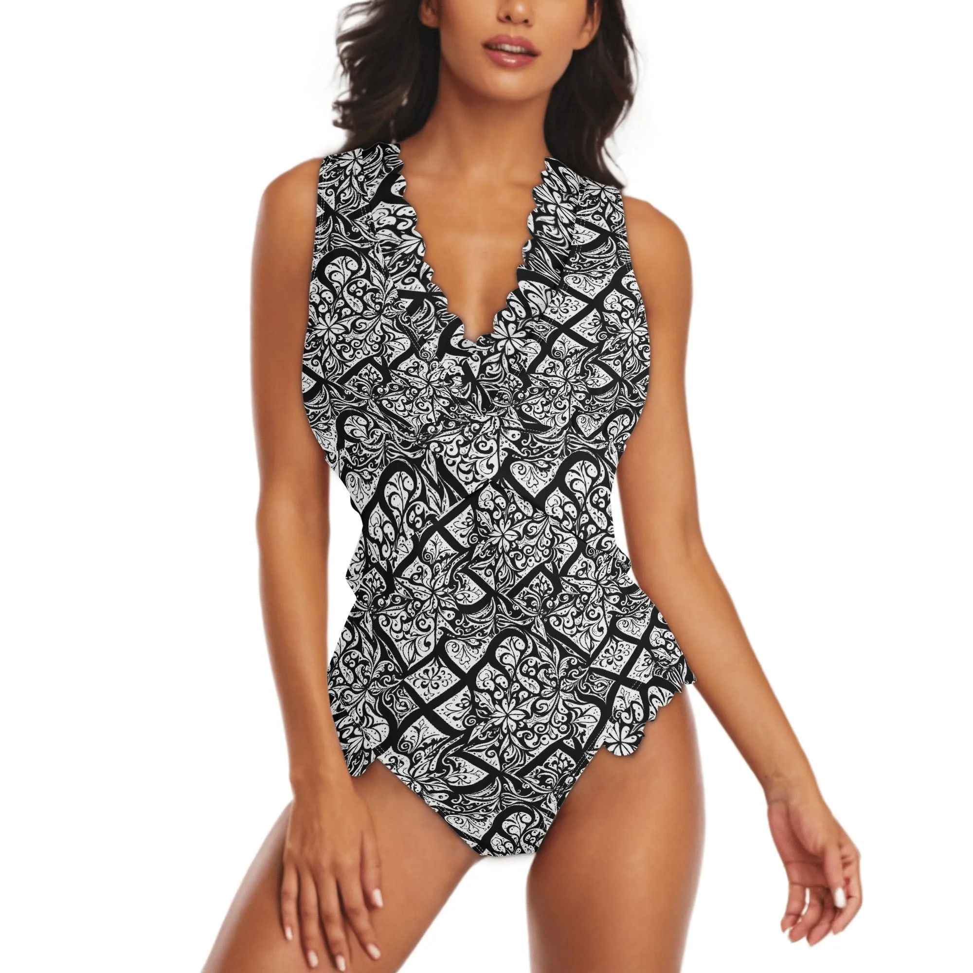 Womens Crosshatch Black Floral Ruffle Edge Cross-Front One Piece Swimsuit Bathing Suit