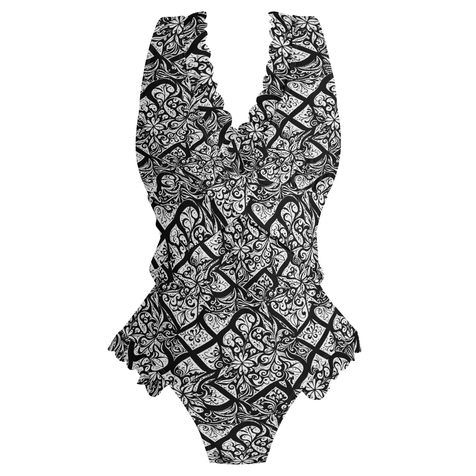 Womens Crosshatch Black Floral Ruffle Edge Cross-Front One Piece Swimsuit Bathing Suit