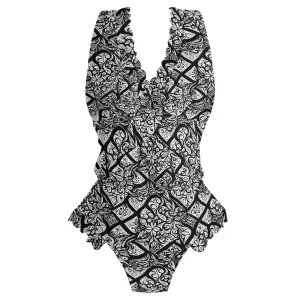 Womens Crosshatch Black Floral Ruffle Edge Cross-Front One Piece Swimsuit Bathing Suit