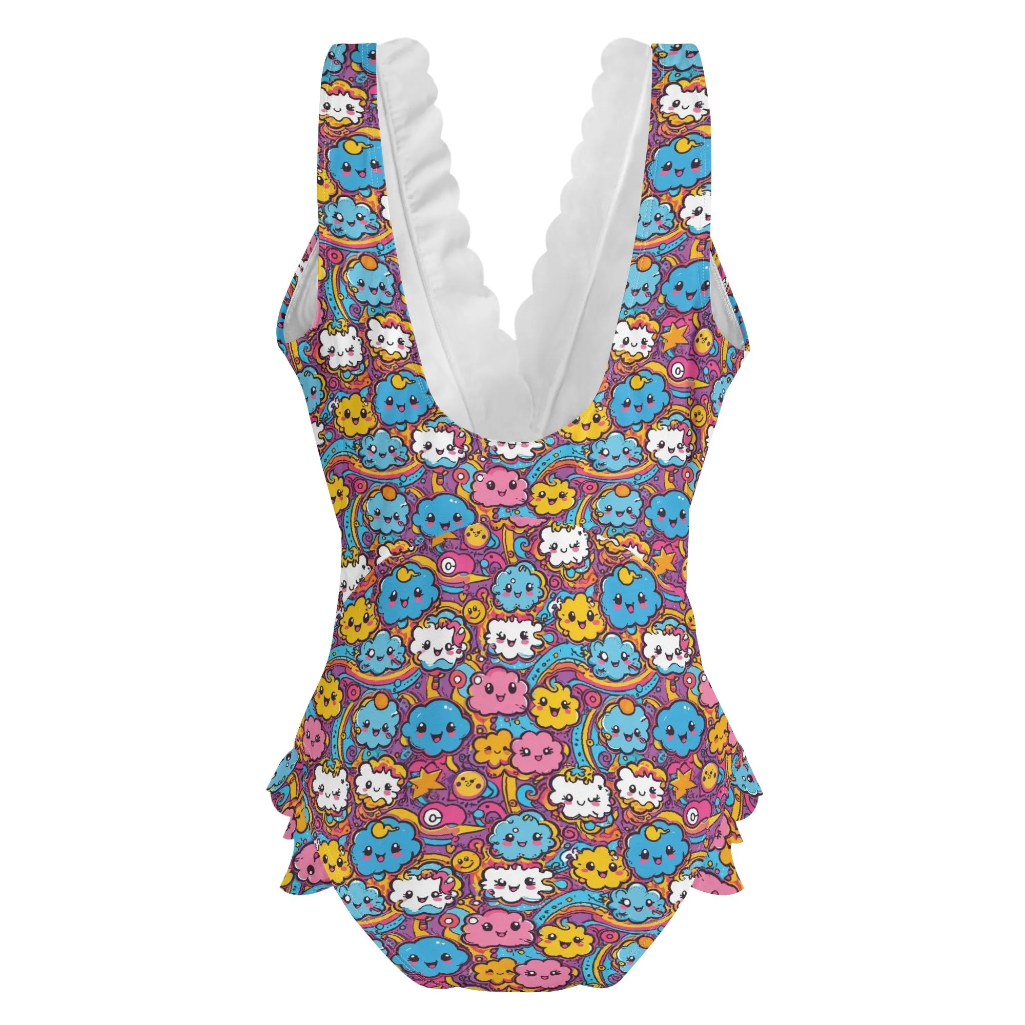 Womens Cute Clouds Ruffle Edge Cross-Front One Piece Swimsuit Bathing Suit