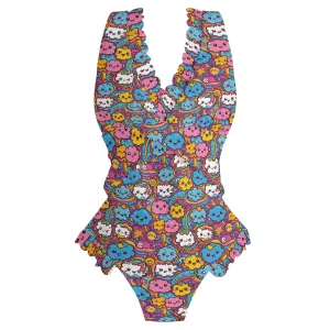 Womens Cute Clouds Ruffle Edge Cross-Front One Piece Swimsuit Bathing Suit