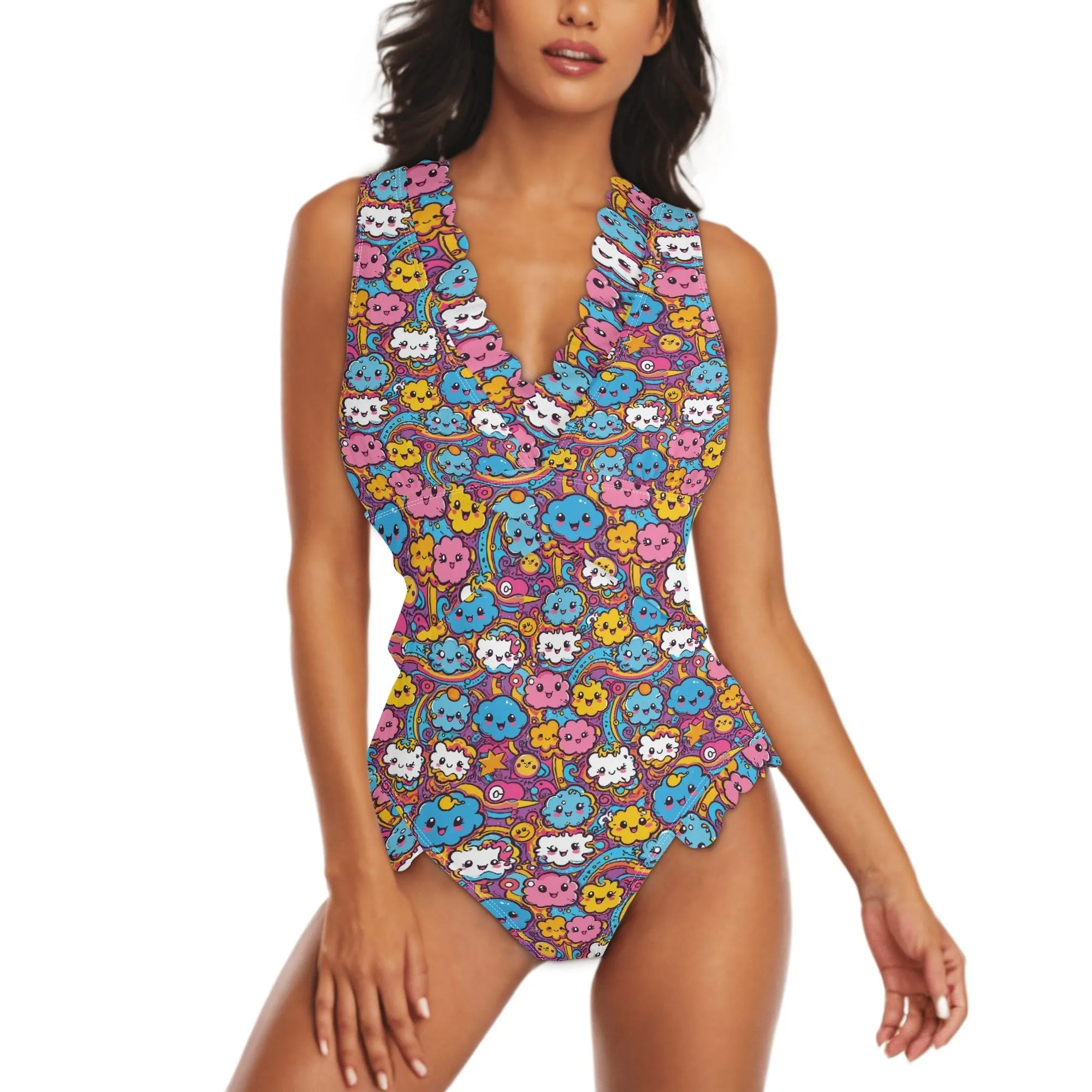 Womens Cute Clouds Ruffle Edge Cross-Front One Piece Swimsuit Bathing Suit