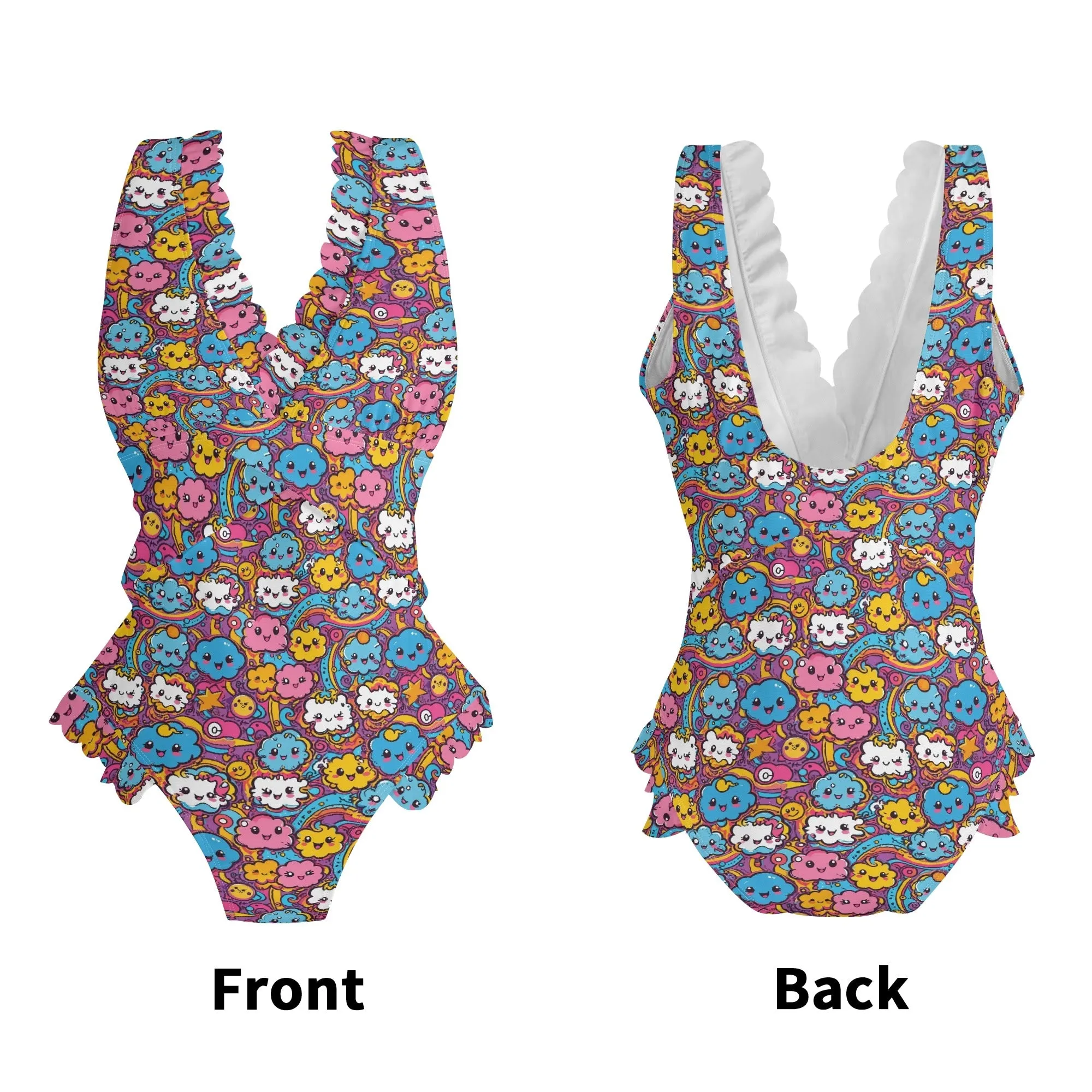 Womens Cute Clouds Ruffle Edge Cross-Front One Piece Swimsuit Bathing Suit
