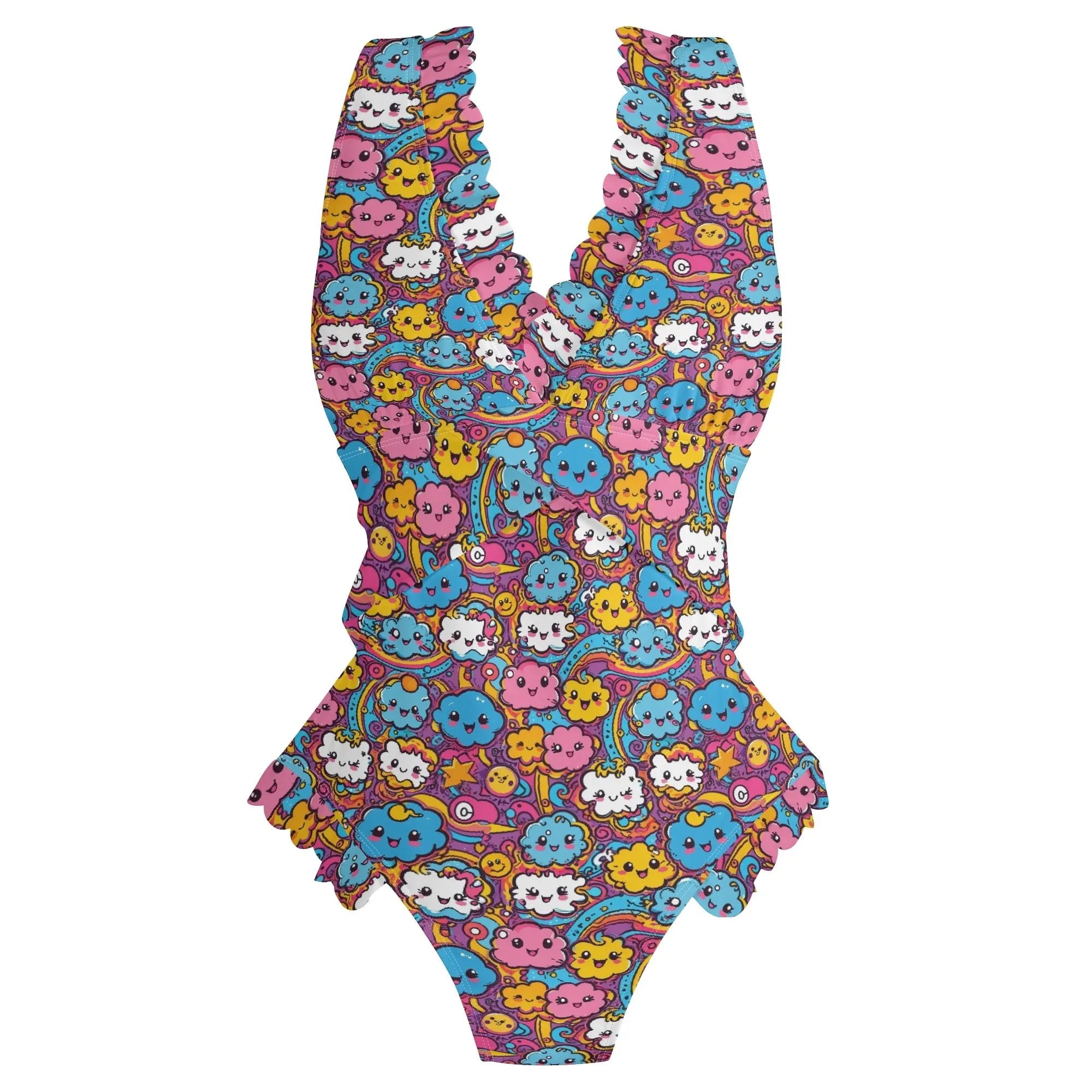 Womens Cute Clouds Ruffle Edge Cross-Front One Piece Swimsuit Bathing Suit