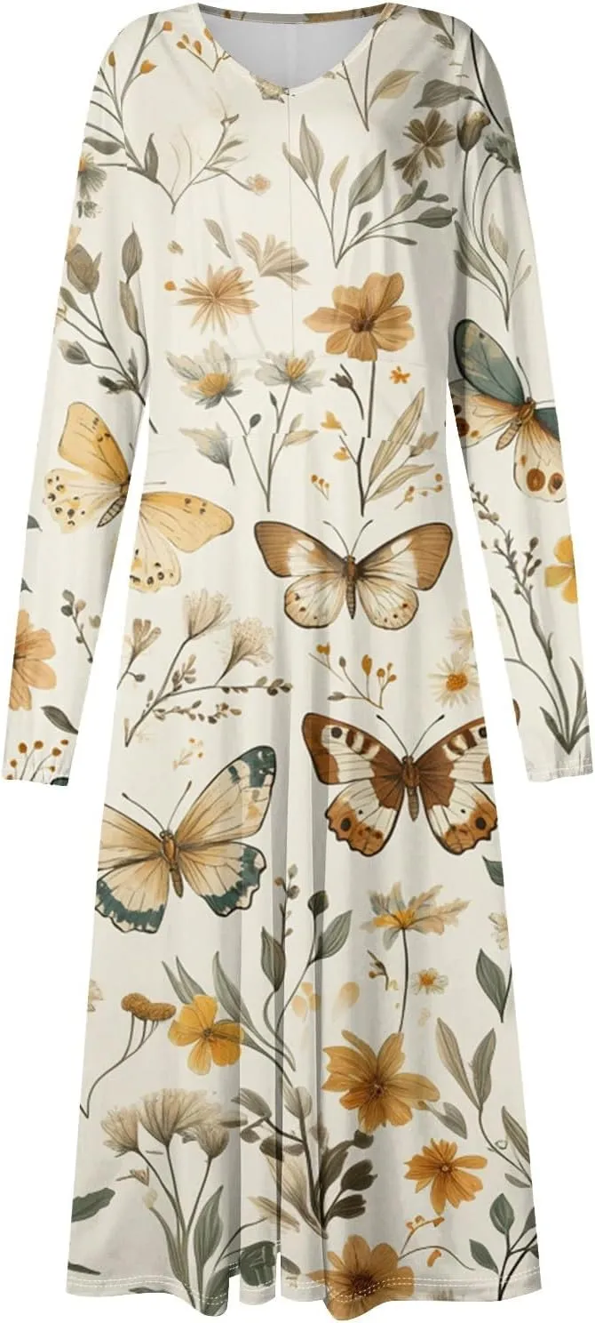 Womens Dresses Spring 2025 Long Sleeve V Neck A-Line Dress Trendy Cruise Wear Classy Outfits Casual Boho Clothes