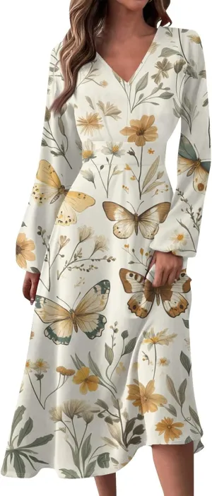 Womens Dresses Spring 2025 Long Sleeve V Neck A-Line Dress Trendy Cruise Wear Classy Outfits Casual Boho Clothes