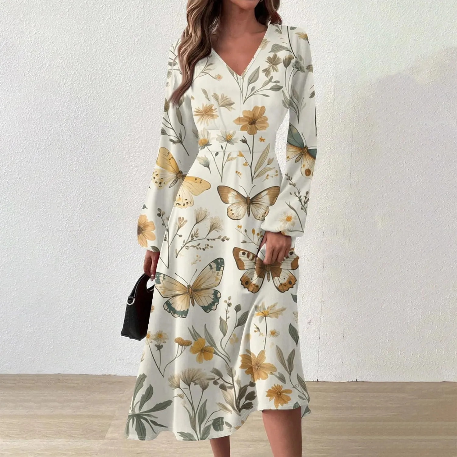 Womens Dresses Spring 2025 Long Sleeve V Neck A-Line Dress Trendy Cruise Wear Classy Outfits Casual Boho Clothes