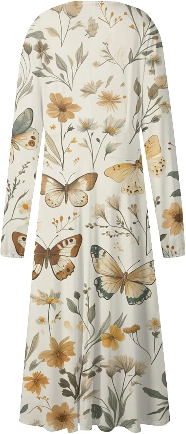 Womens Dresses Spring 2025 Long Sleeve V Neck A-Line Dress Trendy Cruise Wear Classy Outfits Casual Boho Clothes