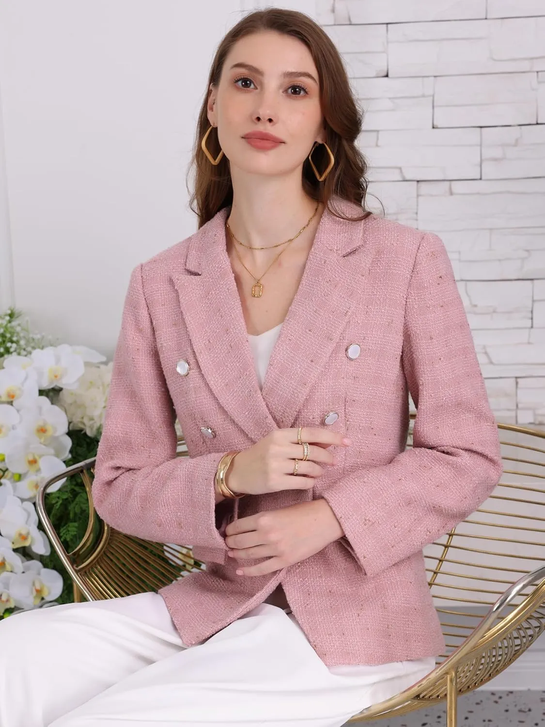 Women's Formal Blazer Long Sleeve Double Breasted Work Tweed Suit Jacket