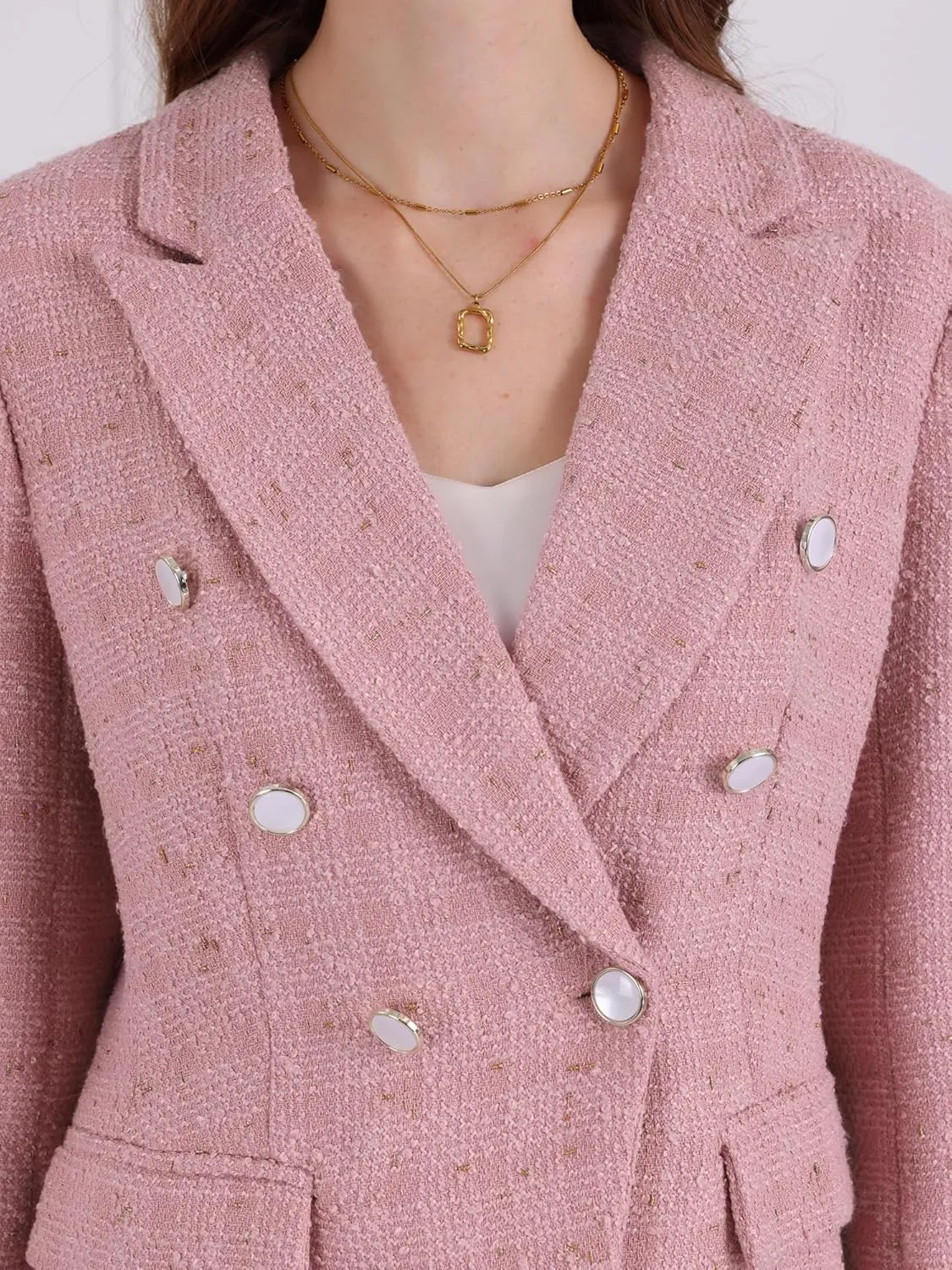 Women's Formal Blazer Long Sleeve Double Breasted Work Tweed Suit Jacket