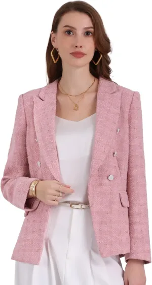 Women's Formal Blazer Long Sleeve Double Breasted Work Tweed Suit Jacket