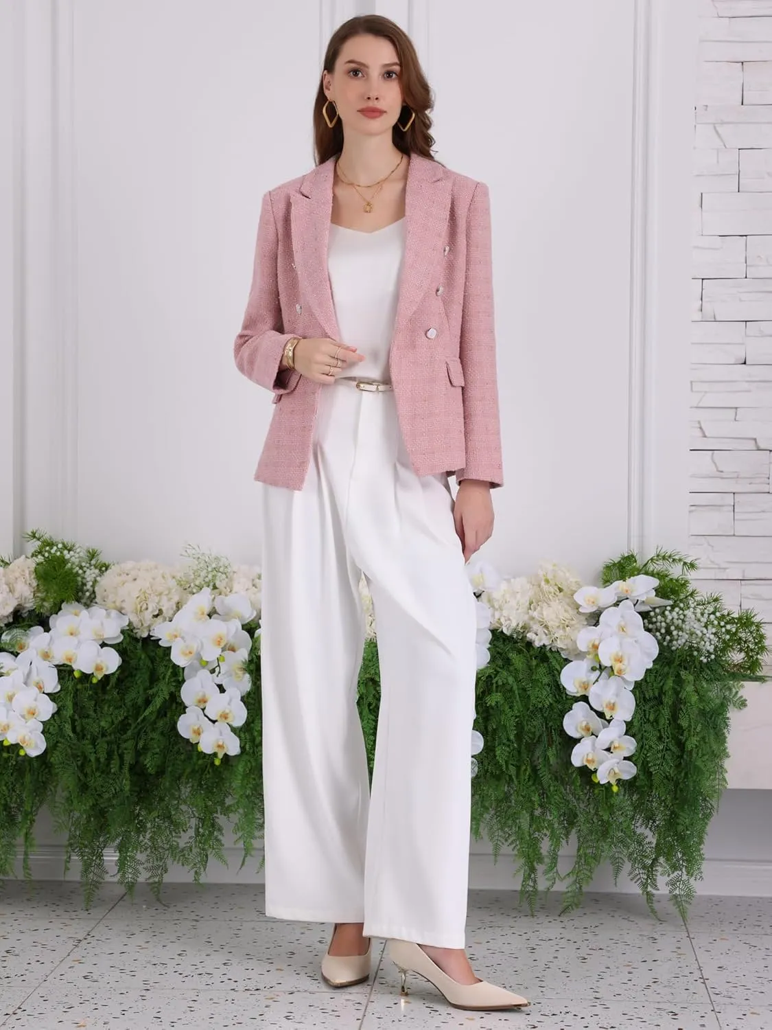Women's Formal Blazer Long Sleeve Double Breasted Work Tweed Suit Jacket