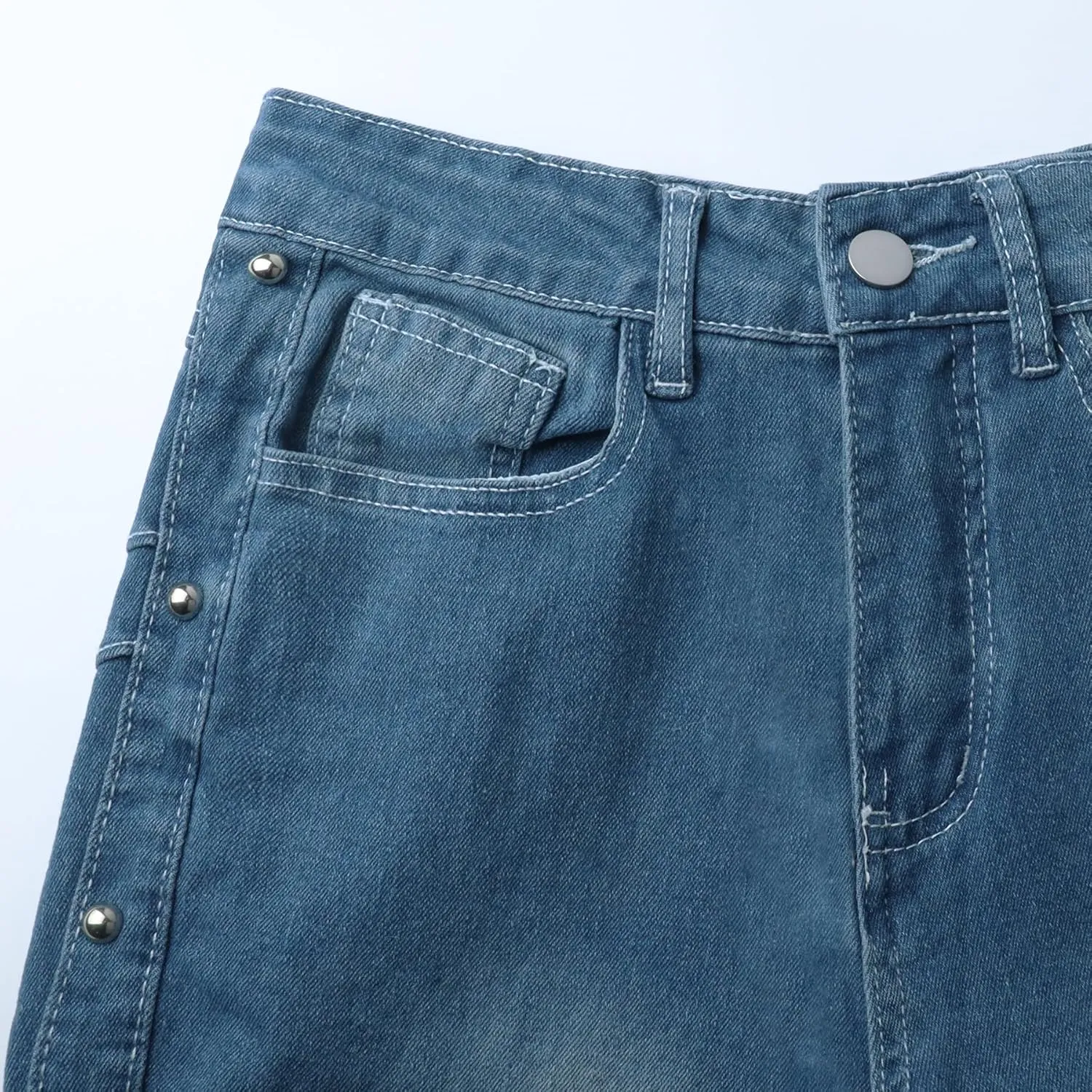 Women's High Waist Stretch Studded Flared Jeans Washed Bell Bottom Fitted Denim Pants