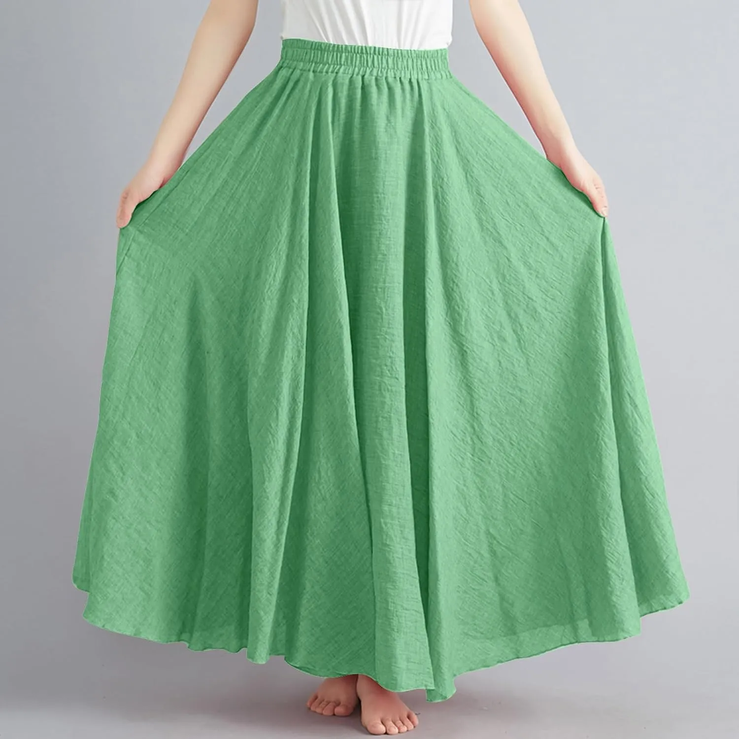 Women's Lined Elastic High Waist Pleated A-Line Flared Maxi Skirts Casual Summer Flowy Beach Swing Solid Color Sundress