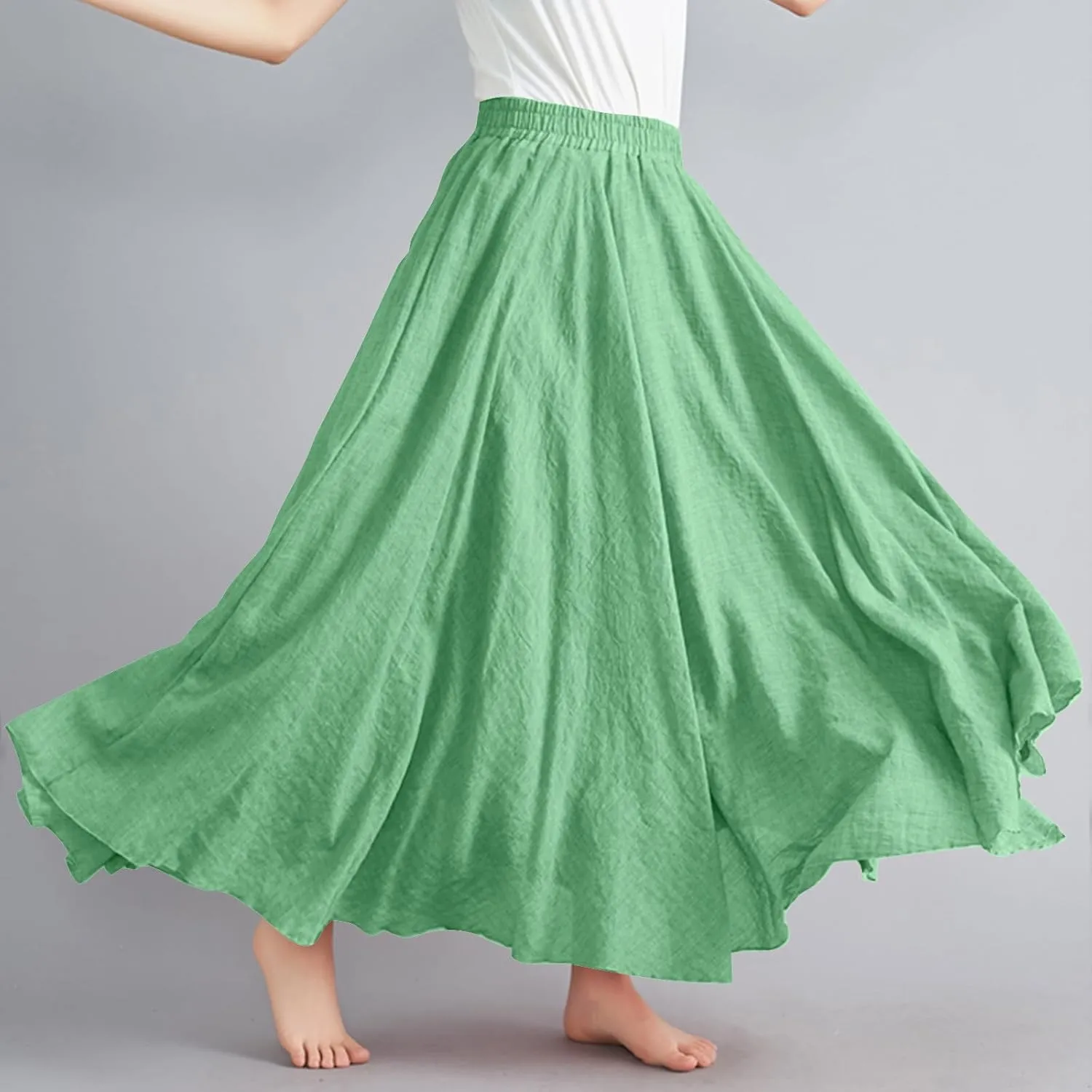Women's Lined Elastic High Waist Pleated A-Line Flared Maxi Skirts Casual Summer Flowy Beach Swing Solid Color Sundress