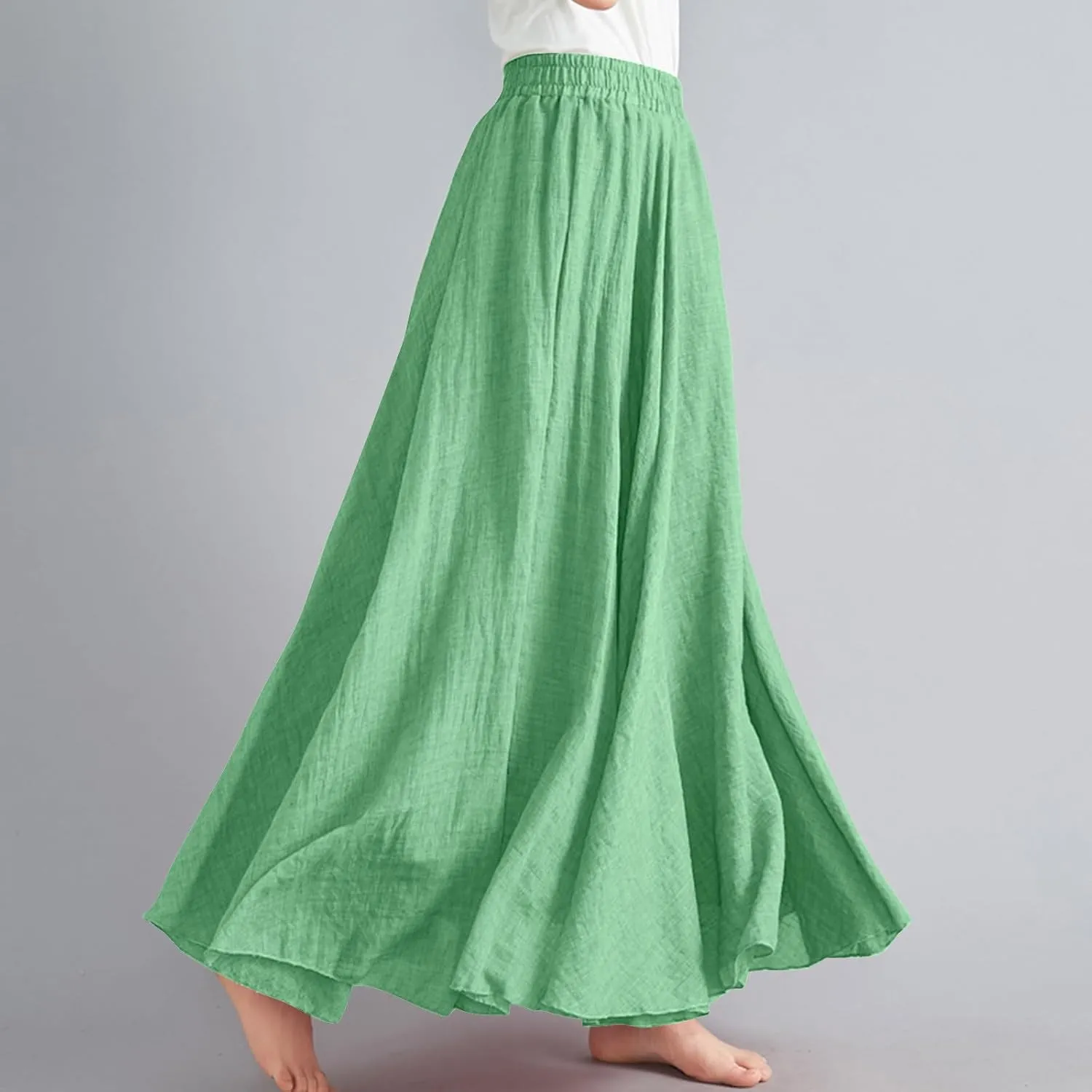 Women's Lined Elastic High Waist Pleated A-Line Flared Maxi Skirts Casual Summer Flowy Beach Swing Solid Color Sundress
