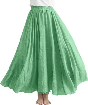 Women's Lined Elastic High Waist Pleated A-Line Flared Maxi Skirts Casual Summer Flowy Beach Swing Solid Color Sundress