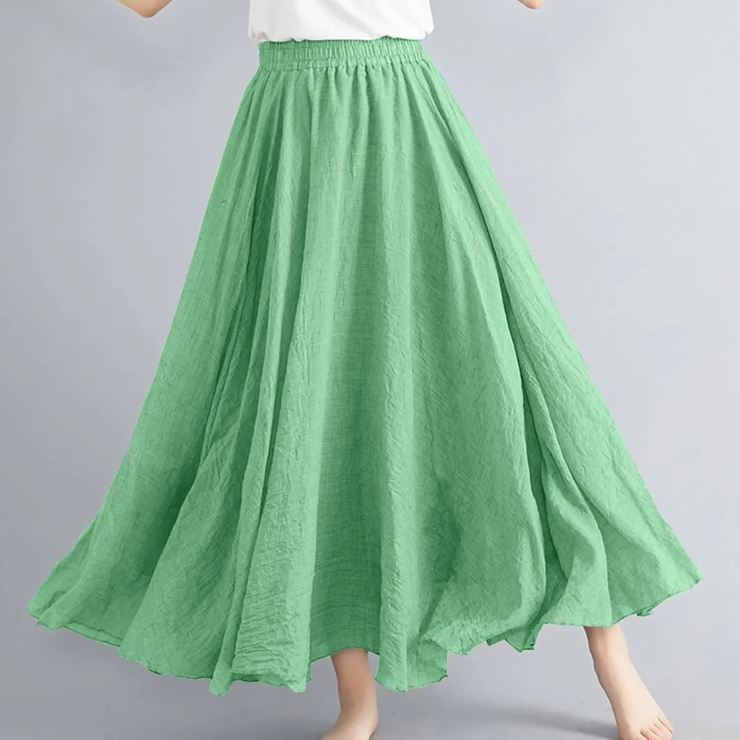 Women's Lined Elastic High Waist Pleated A-Line Flared Maxi Skirts Casual Summer Flowy Beach Swing Solid Color Sundress