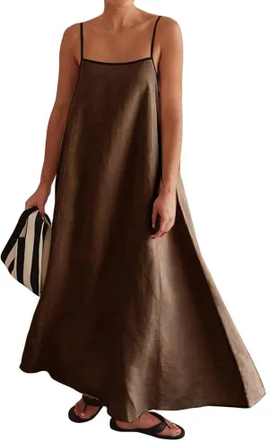 Womens Linen Maxi Dress Spaghetti Straps Backless Sleeveless Sundress Summer Flowy Dresses Beach Vacation Dress