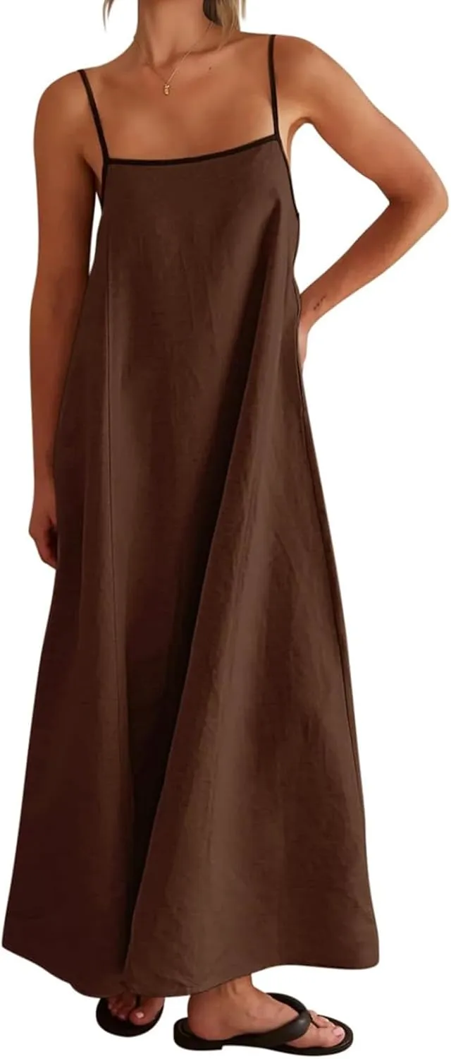 Womens Linen Maxi Dress Spaghetti Straps Backless Sleeveless Sundress Summer Flowy Dresses Beach Vacation Dress