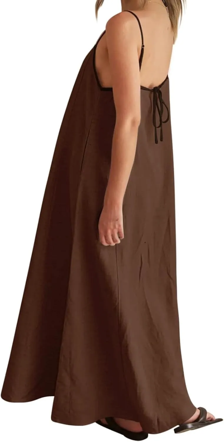 Womens Linen Maxi Dress Spaghetti Straps Backless Sleeveless Sundress Summer Flowy Dresses Beach Vacation Dress