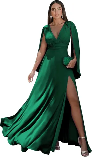 Women's Long Sleeve Bridesmaid Dresses V-Neck Chiffon Ruched Formal Dress Evening Gown with Slit