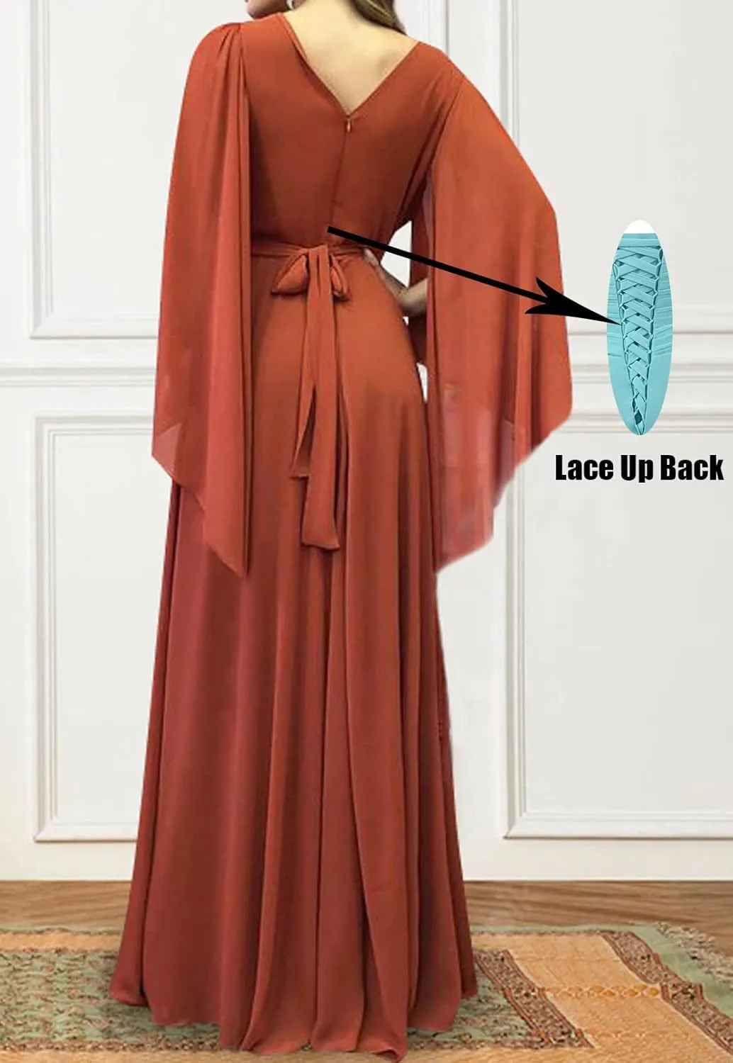 Women's Long Sleeve Bridesmaid Dresses V-Neck Chiffon Ruched Formal Dress Evening Gown with Slit