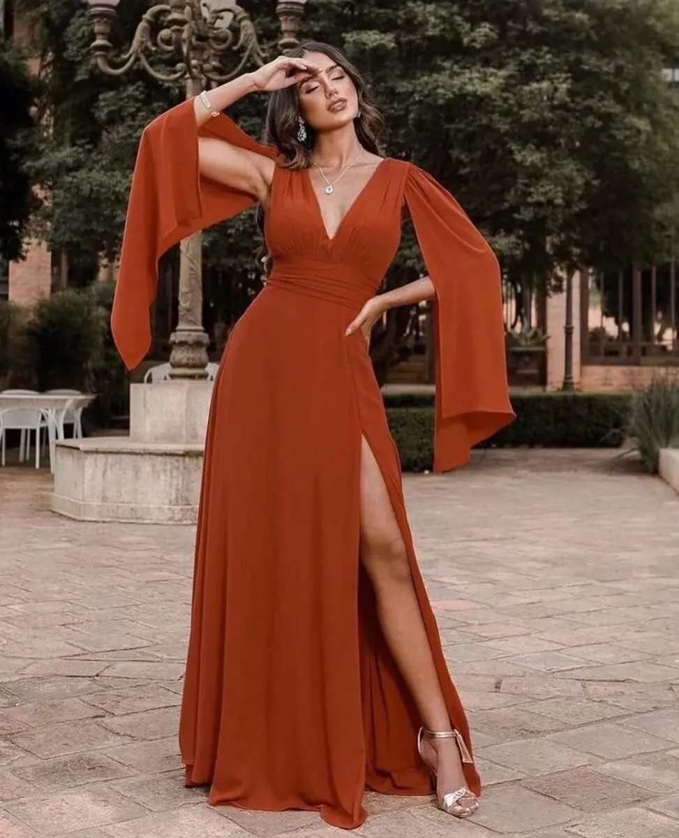 Women's Long Sleeve Bridesmaid Dresses V-Neck Chiffon Ruched Formal Dress Evening Gown with Slit