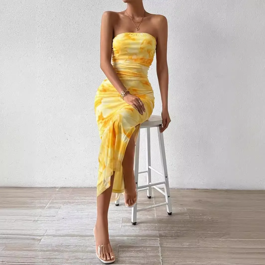 Women's Mesh Floral Strapless Bodycon Maxi Dress Ruched Long Tube Dresses Summe Sexy Party Club Dress Y2K Dresses